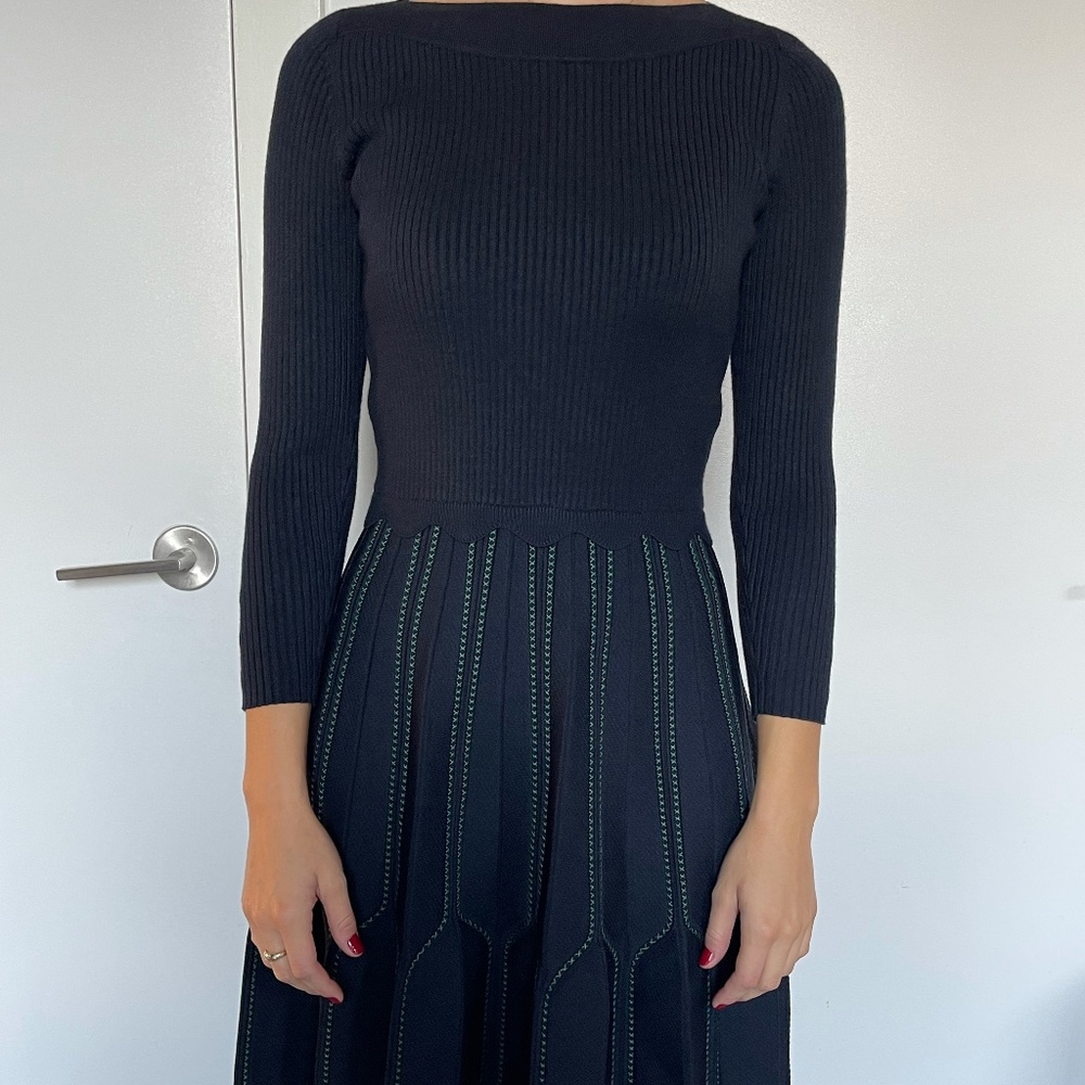 Sandro Knit Deep Navy Dress with Green Details 36